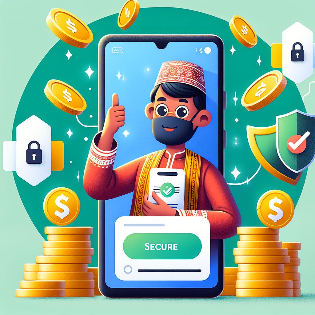 BDT7777 app cartoon character holding a smartphone with coins and a secure shield