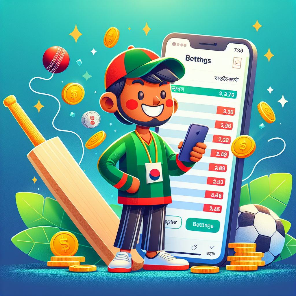 BDT7777 bet cartoon sports fan with a phone showing live odds and coins
