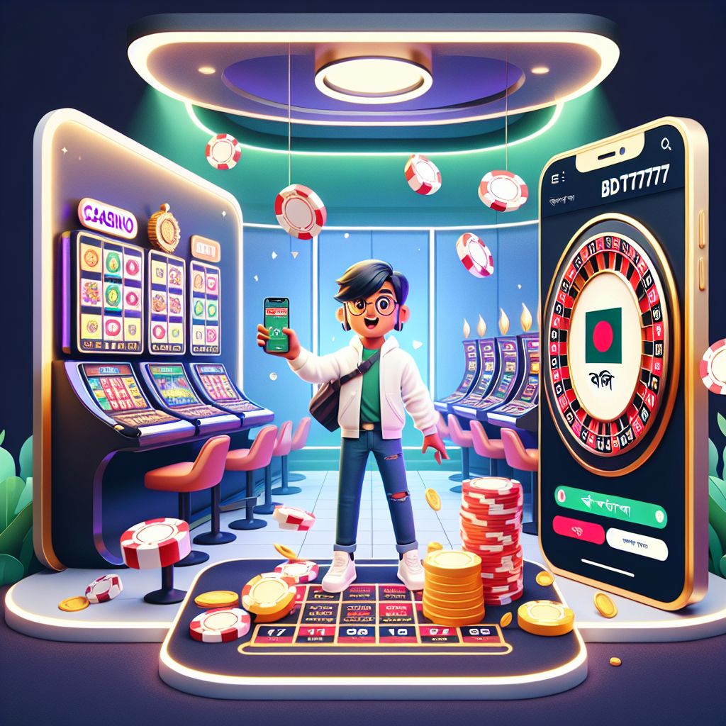 BDT7777 casino themed cartoon character with chips, coins, and a smartphone in a bright casino setting