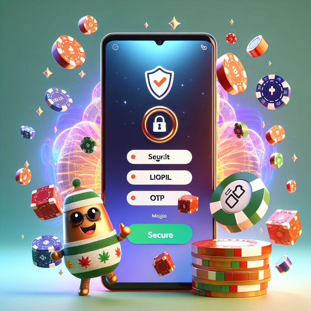 BDT7777 themed cartoon character holding a phone with a secure login screen and shield icon
